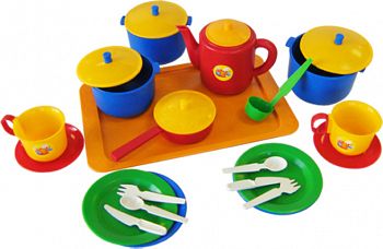 Набор игрушечной посуды с подносом на 2 персоны "Хозяюшка" (Пластмастер 21006)