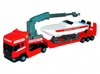 Модель тягача с яхтой "SCANIA TRANSPORT. Пожарная" (Autotime Collection 12002-01)